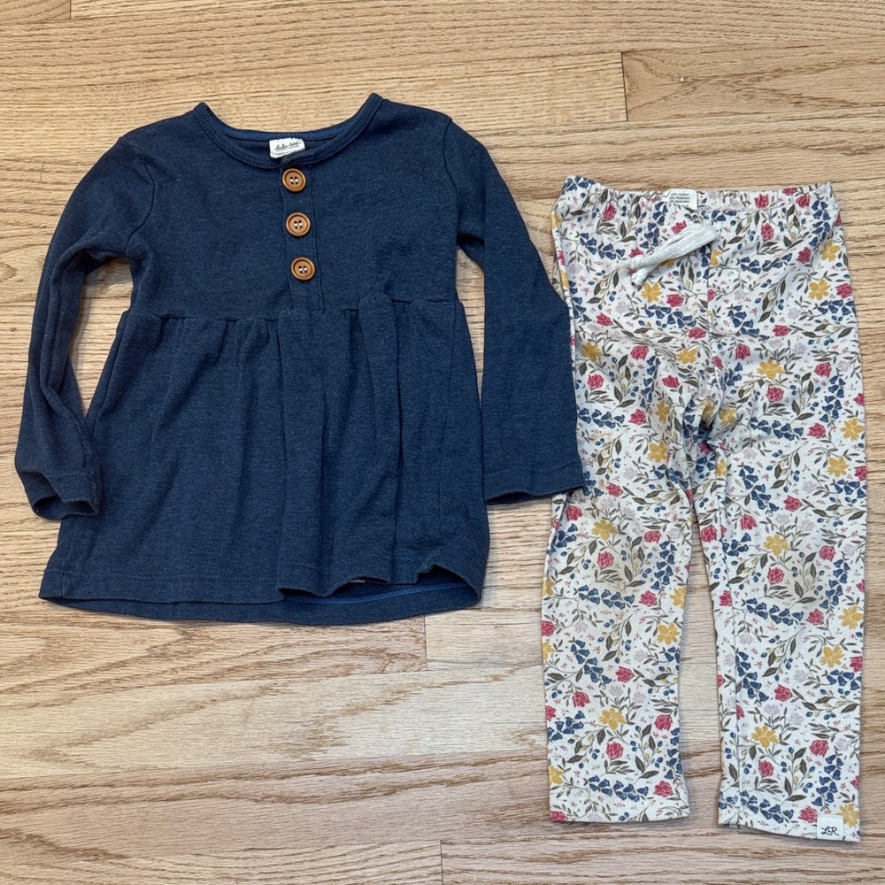Navy Long Sleeve Top and Floral Leggings Set Cotton